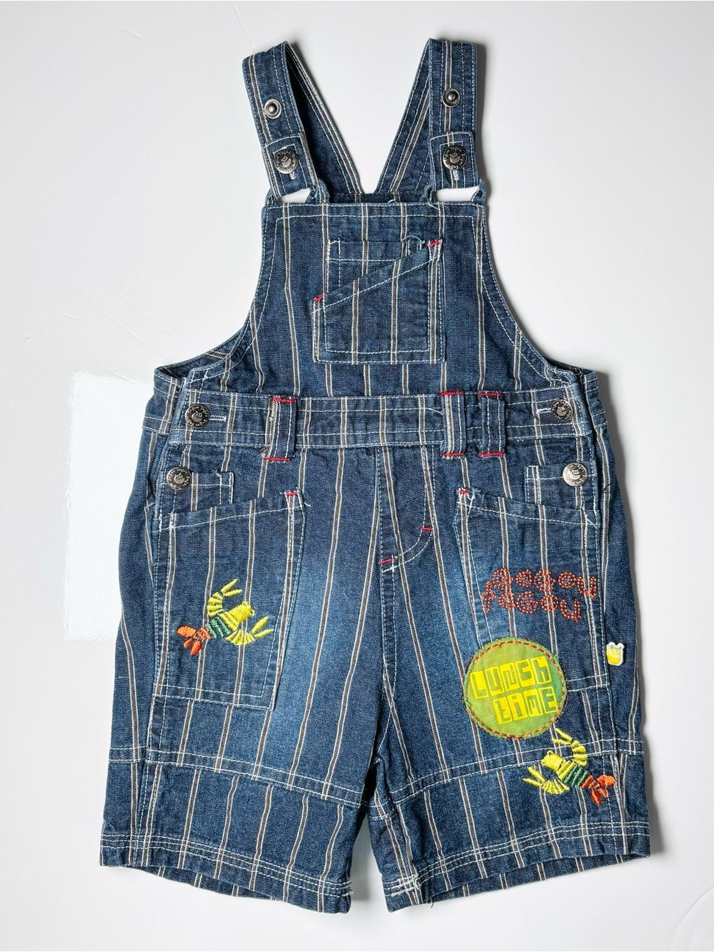 Vintage Gagou Tagou Effigi Pinstripe Denim Overall Shorts Lobster 12M Unisex